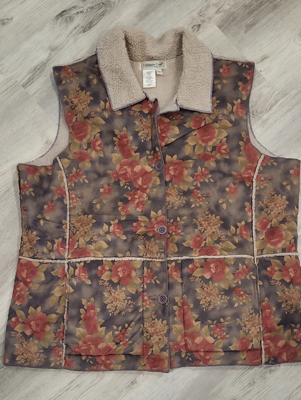 Coldwater Creek Floral Sherpa-Lined Vest in Rust and Brown